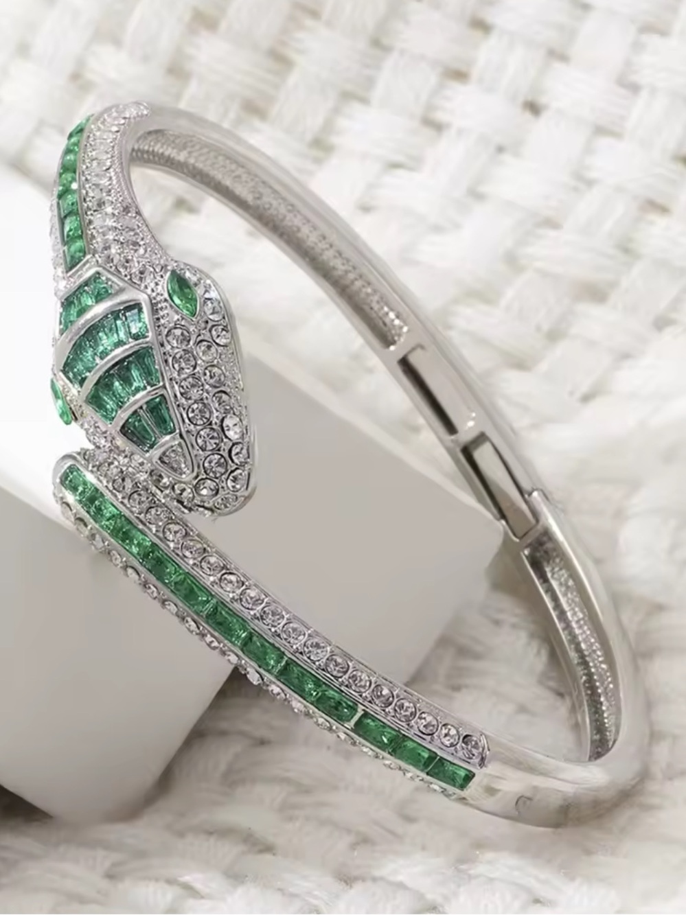 Silver Snake Cuff Bracelet with Green Stones